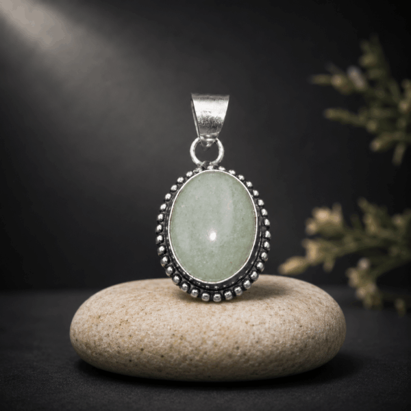 Natural Green Aventurine Oval Pendant – Handcrafted Silver Beaded Gemstone Pendant