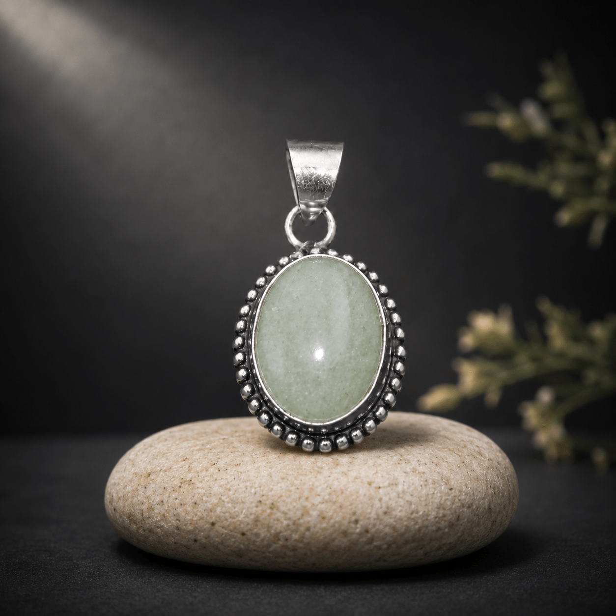 Natural Green Aventurine Oval Pendant – Handcrafted Silver Beaded Gemstone Pendant