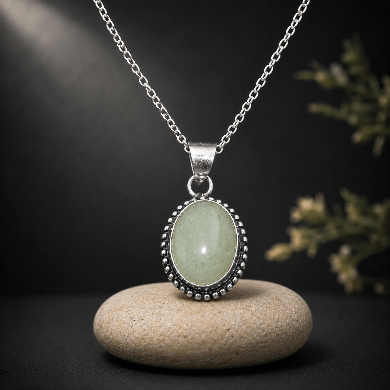 Natural Green Aventurine Oval Pendant – Handcrafted Silver Beaded Gemstone Pendant - Image 5