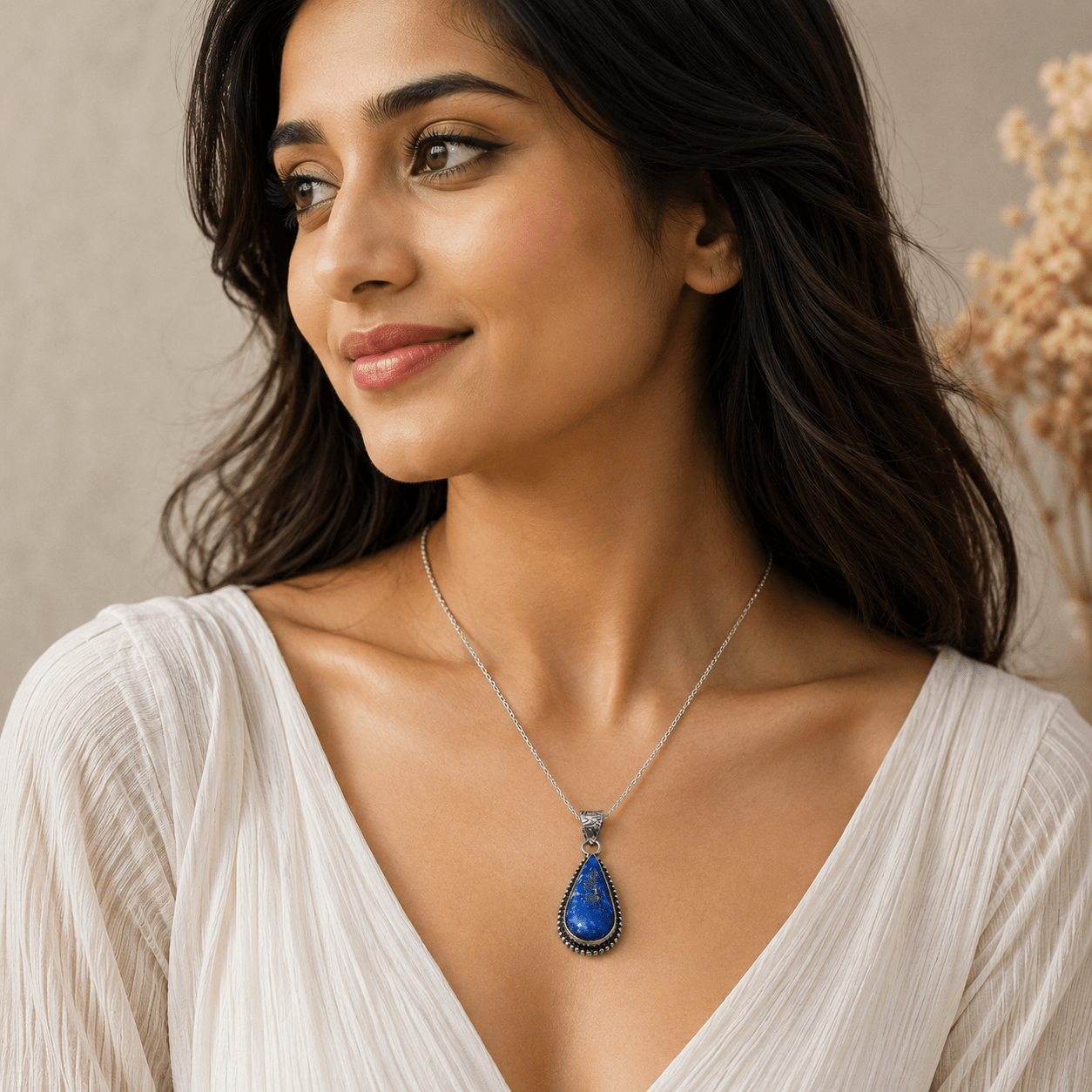 Natural Lapis Lazuli Teardrop Pendant – Handcrafted Silver Beaded Gemstone Pendant - Image 2