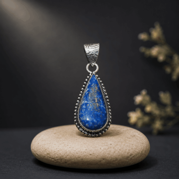 Natural Lapis Lazuli Teardrop Pendant – Handcrafted Silver Beaded Gemstone Pendant