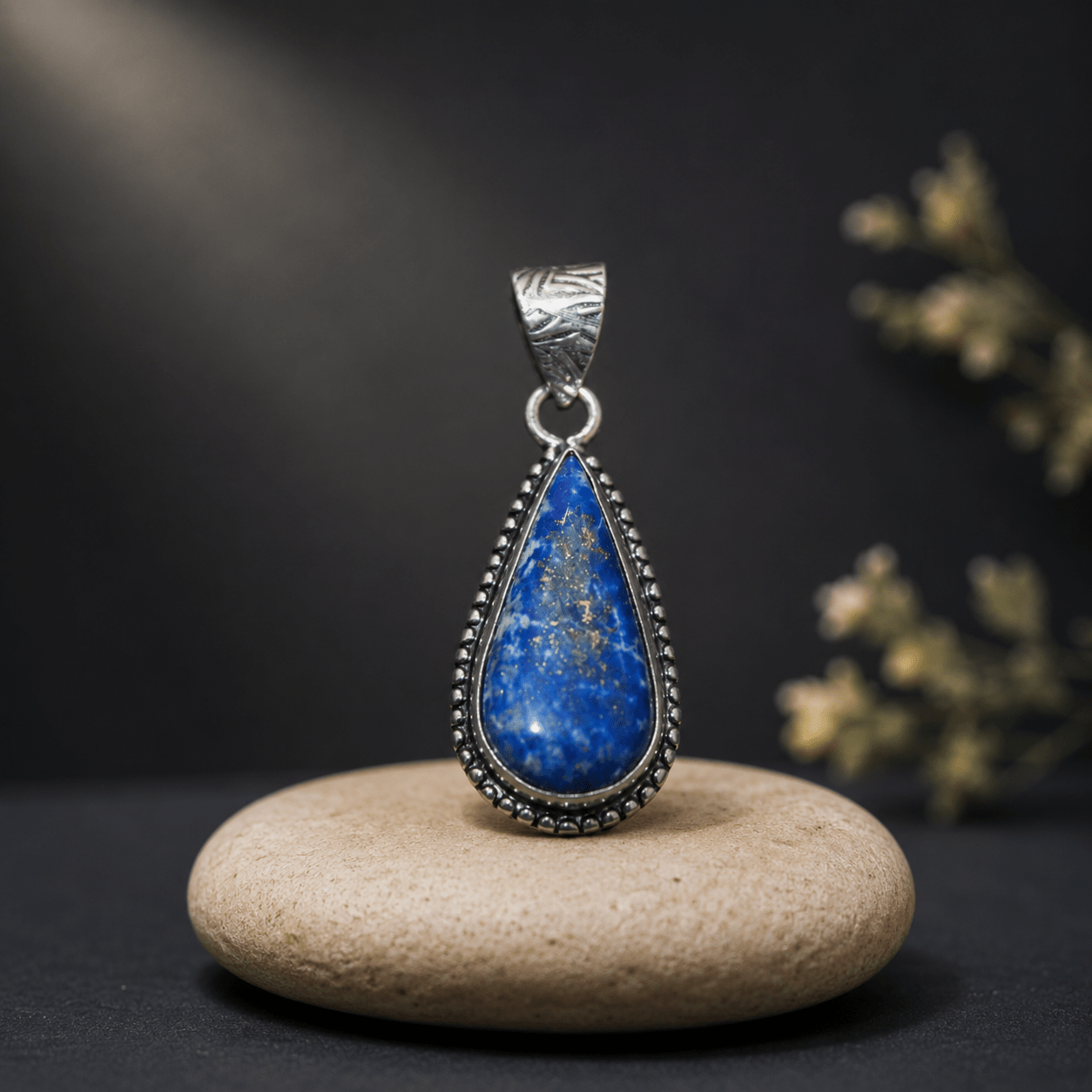 Natural Lapis Lazuli Teardrop Pendant – Handcrafted Silver Beaded Gemstone Pendant
