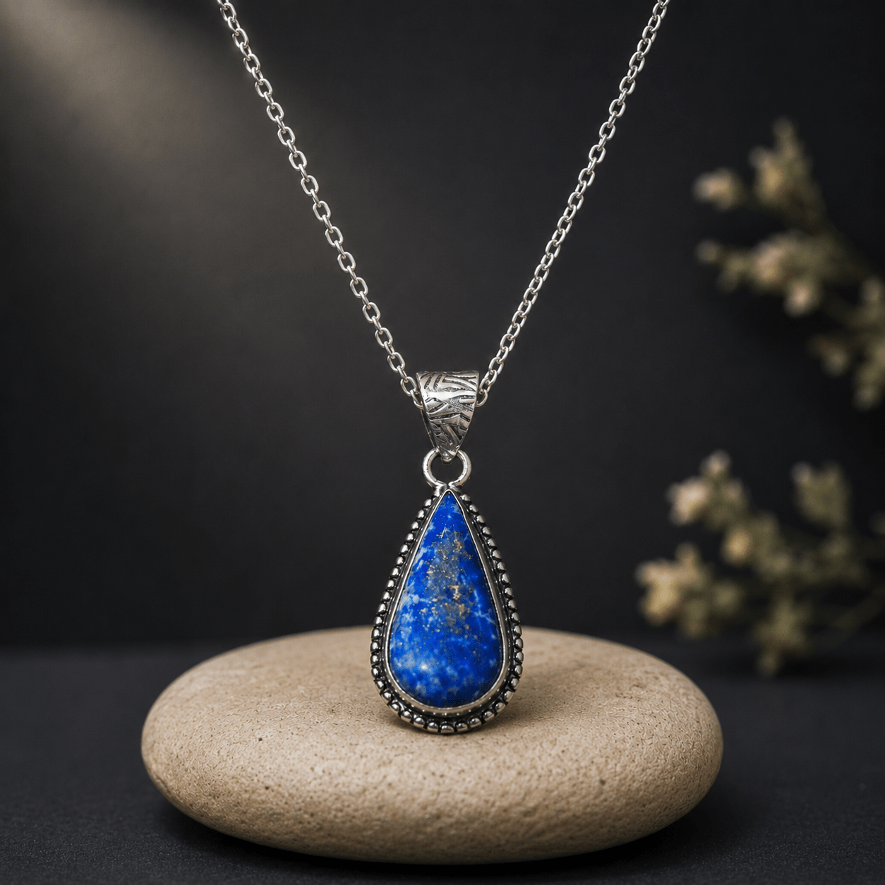 Natural Lapis Lazuli Teardrop Pendant – Handcrafted Silver Beaded Gemstone Pendant - Image 4