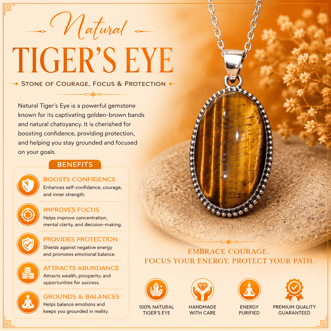 Natural Oval Tiger Eye Pendant – Silver Beaded Frame Gemstone Locket - Image 3
