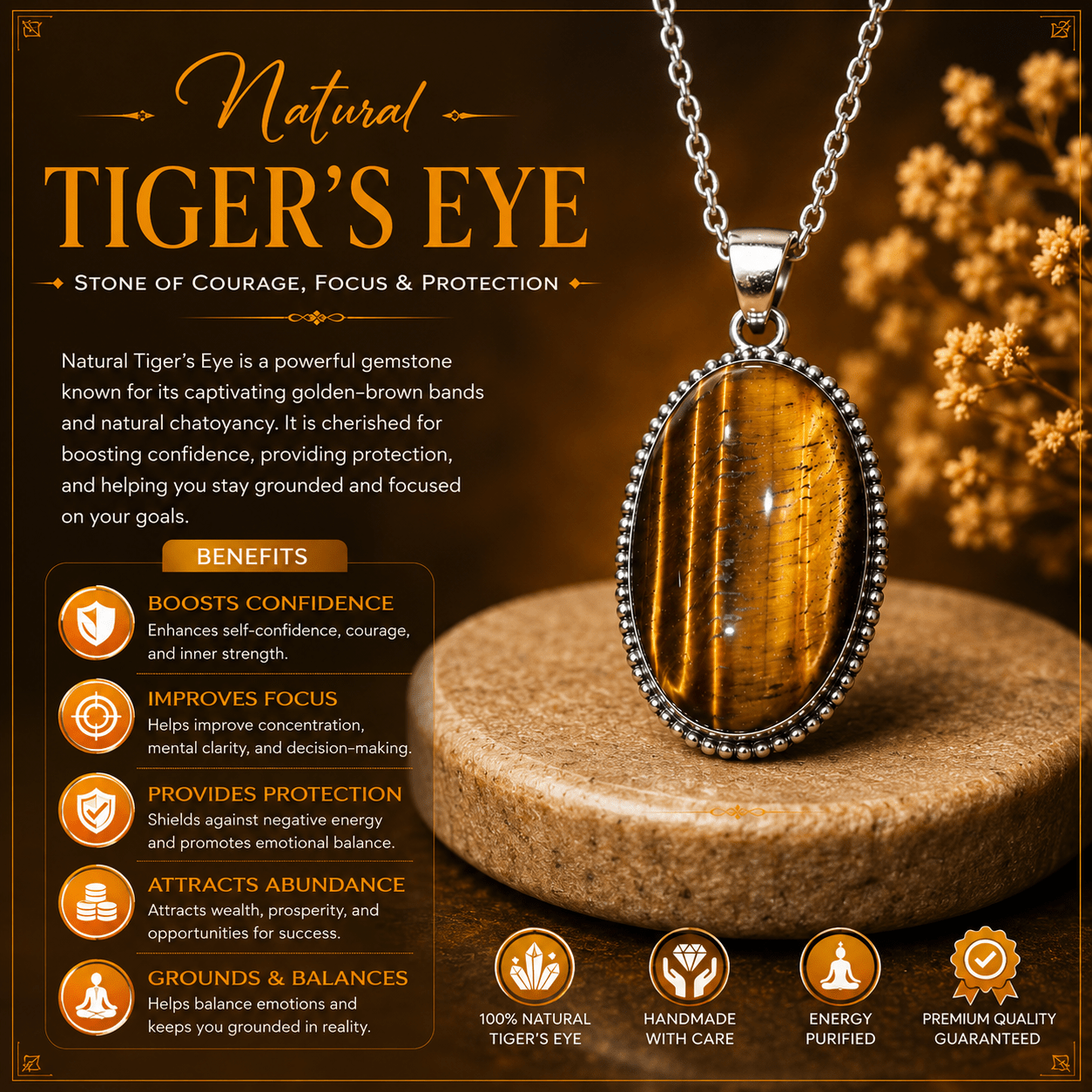 Natural Oval Tiger Eye Pendant – Silver Beaded Frame Gemstone Locket - Image 4