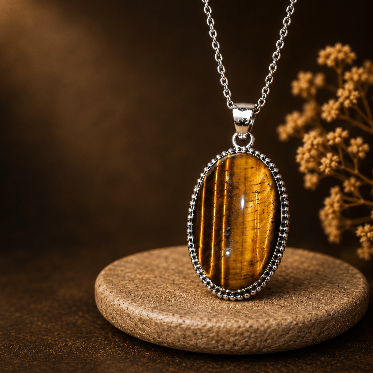 Natural Oval Tiger Eye Pendant – Silver Beaded Frame Gemstone Locket