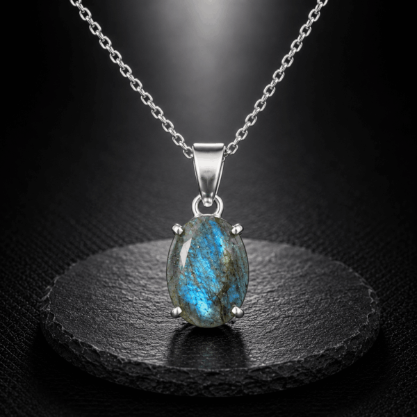 Natural Labradorite Oval Pendant – Handcrafted Silver Beaded Gemstone Pendant