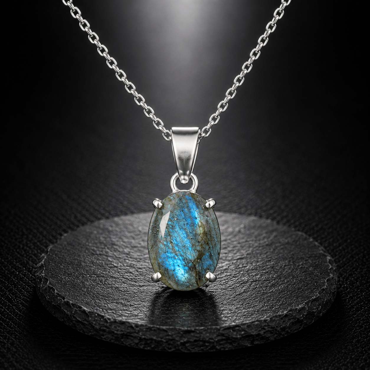 Natural Labradorite Oval Pendant – Handcrafted Silver Beaded Gemstone Pendant