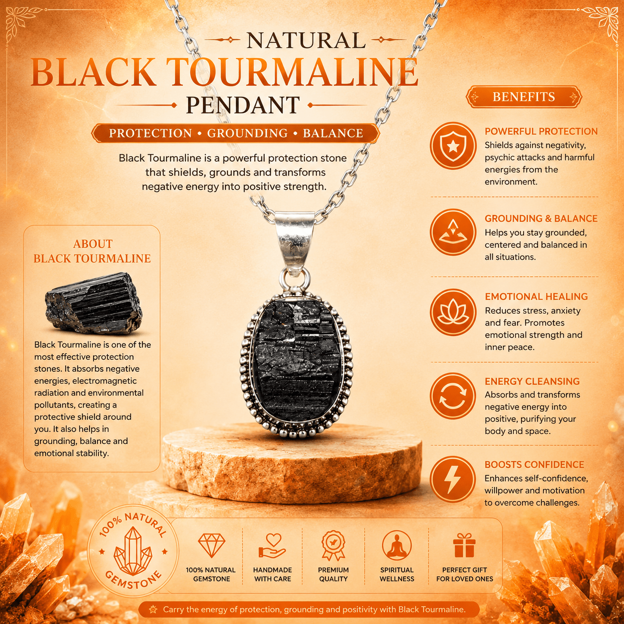 Natural Black Tourmaline Oval Pendant – Handcrafted Silver Beaded Gemstone Pendant - Image 3