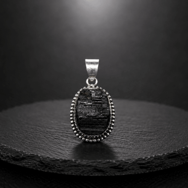 Natural Black Tourmaline Oval Pendant – Handcrafted Silver Beaded Gemstone Pendant