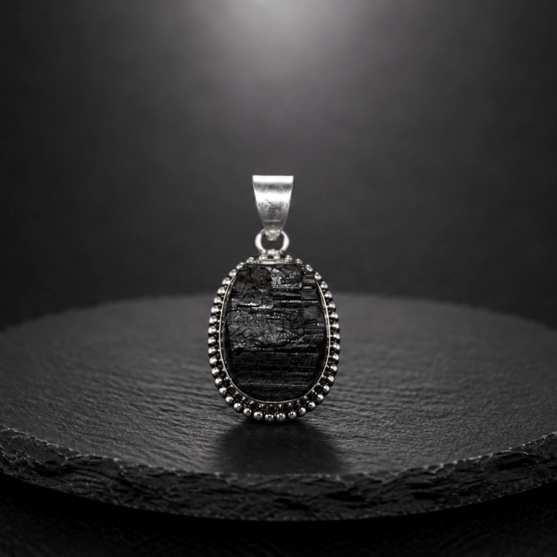 Natural Black Tourmaline Oval Pendant – Handcrafted Silver Beaded Gemstone Pendant