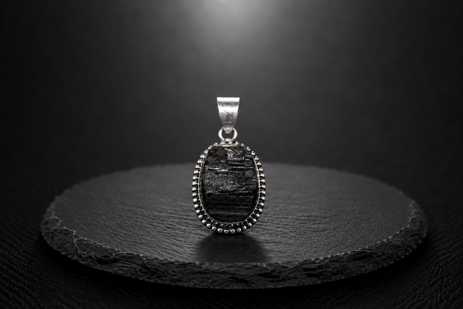 Natural Black Tourmaline Oval Pendant – Handcrafted Silver Beaded Gemstone Pendant