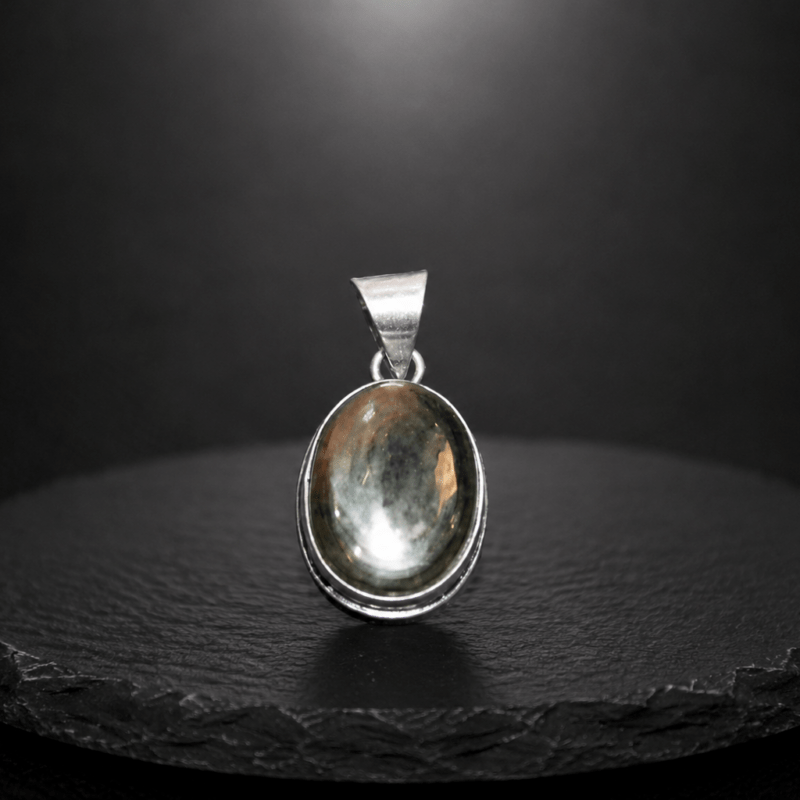 Natural Pyrite Stone Oval Pendant – Premium Silver-Bezel Metallic Gemstone Pendant