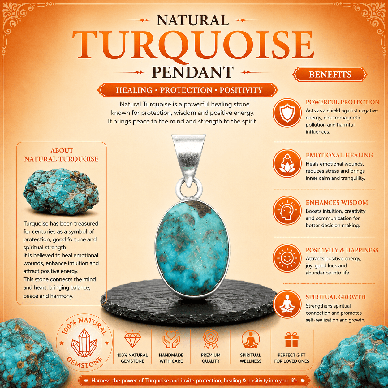 Natural Firoza Stone Pendant – Premium Turquoise Gemstone Pendant for Luck & Protection - Image 2