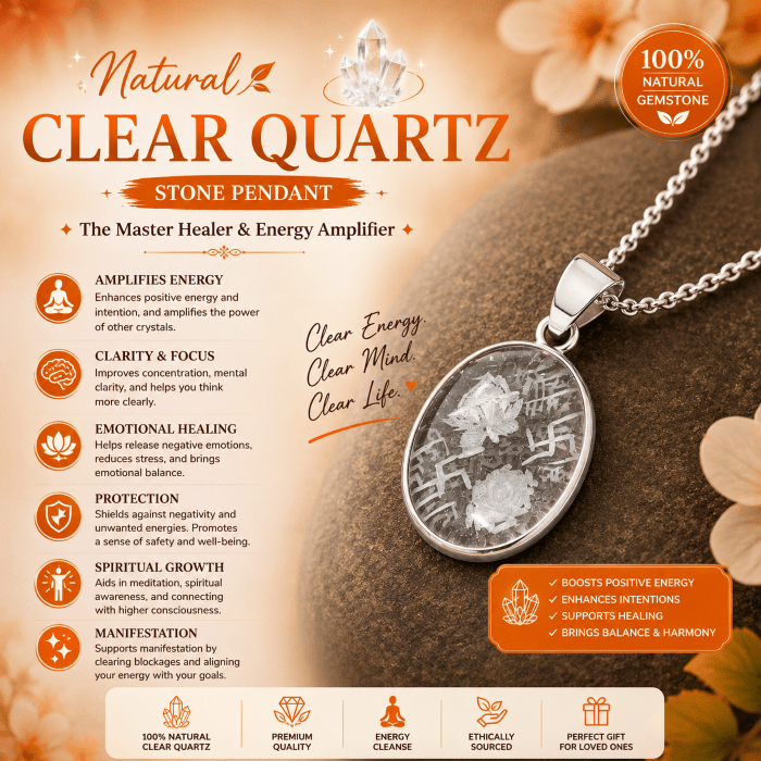 Natural Clear Quartz Pendant – Handcrafted Silver Beaded Gemstone Pendant - Image 4