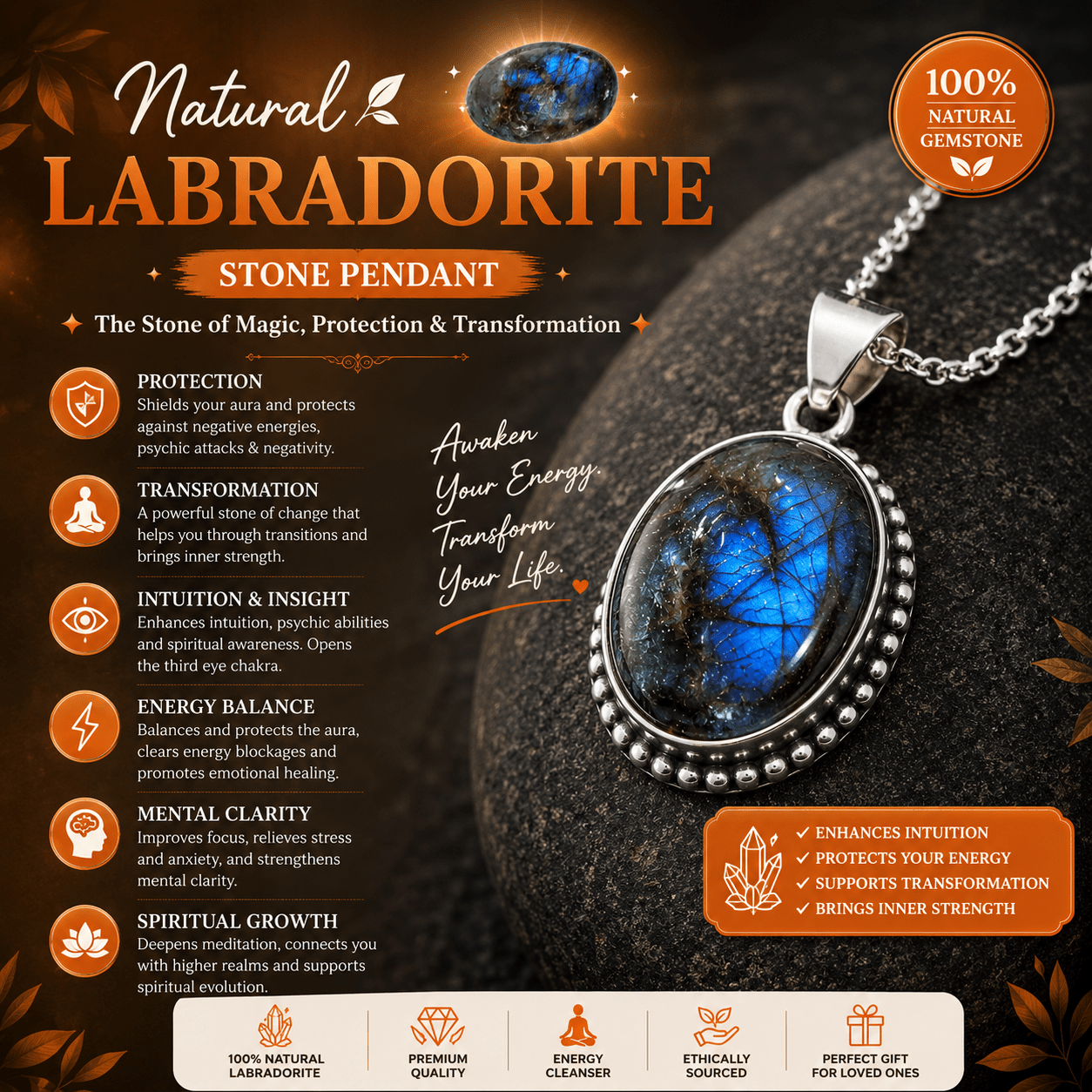 Natural Labradorite Oval Pendant – Handcrafted Silver Beaded Gemstone Pendant - Image 4