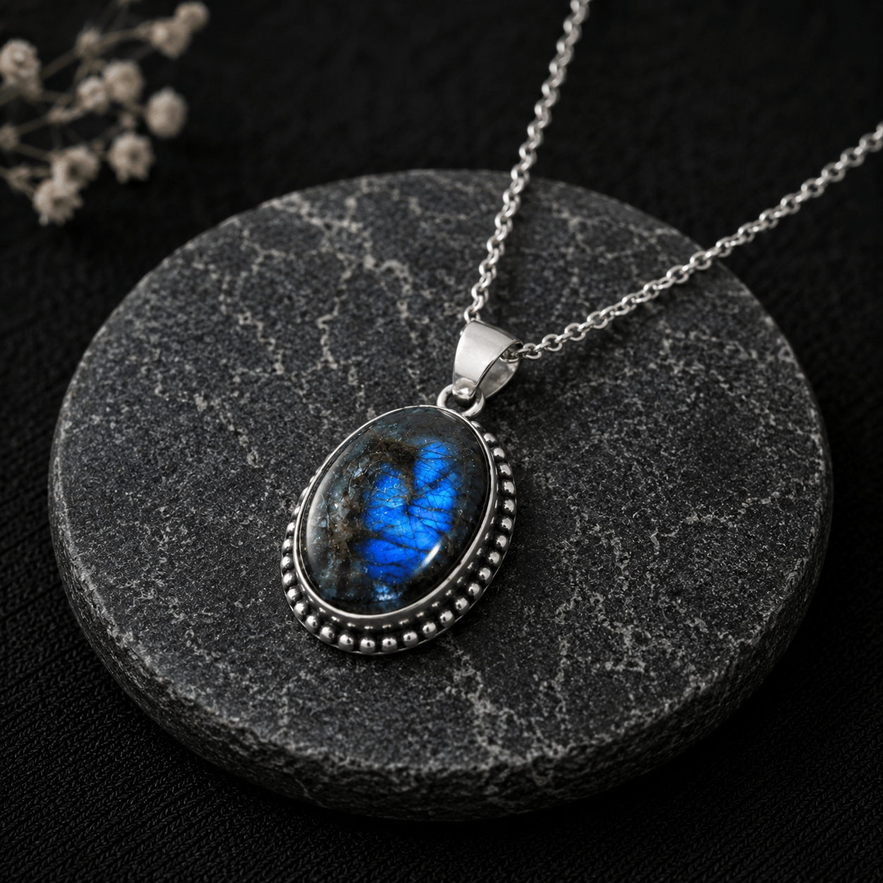 Natural Labradorite Oval Pendant – Handcrafted Silver Beaded Gemstone Pendant