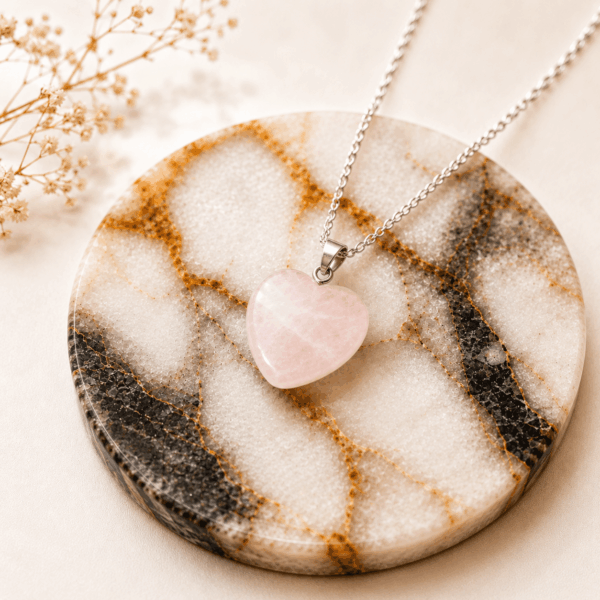 Natural Rose Quartz Heart Shape Pendant Ring Set in German Silver – Certified Gemstone of Love