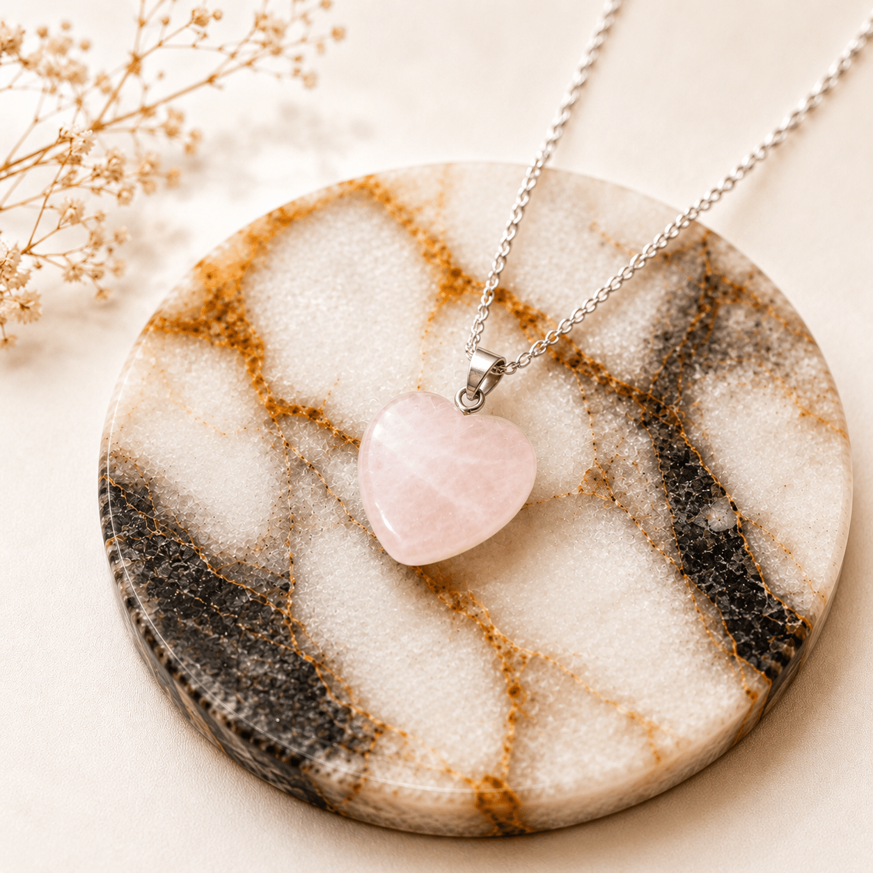 Natural Rose Quartz Heart Shape Pendant Ring Set in German Silver – Certified Gemstone of Love