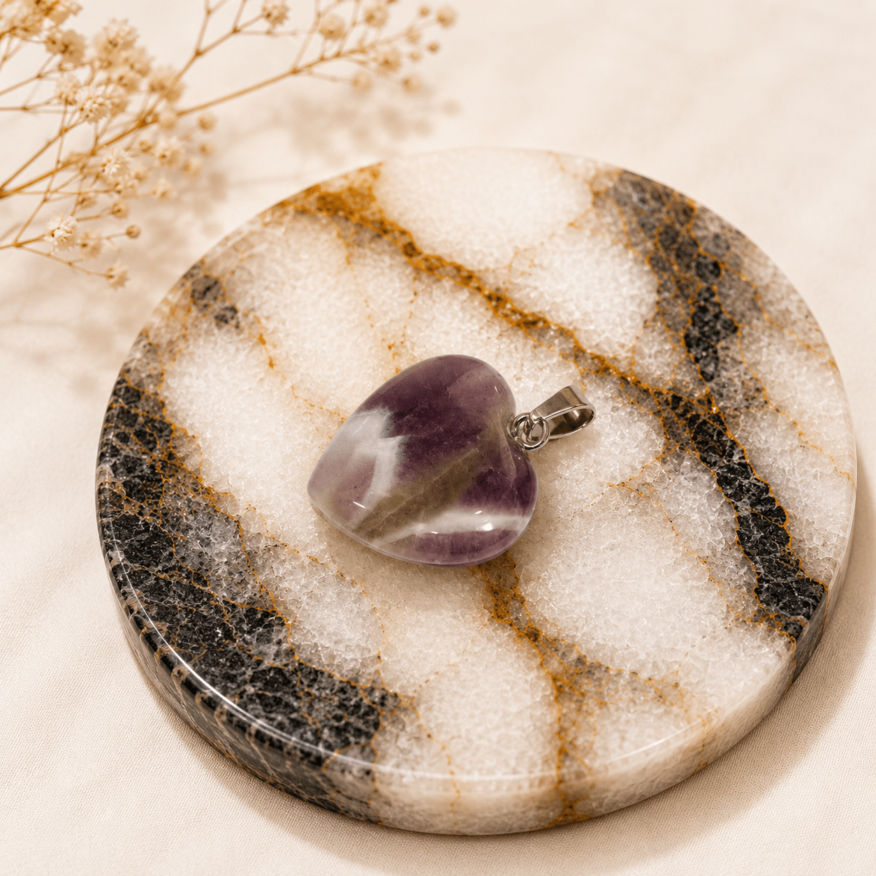 Natural Amethyst Heart Pendant – Handcrafted Silver Beaded Gemstone Pendant - Image 3