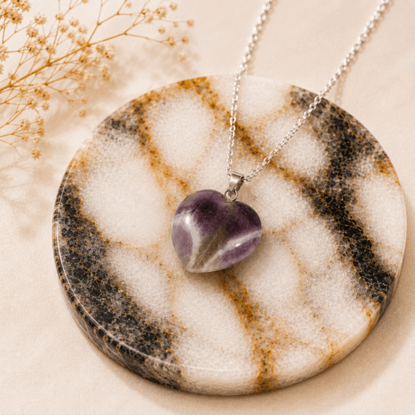 Natural Amethyst Heart Pendant – Handcrafted Silver Beaded Gemstone Pendant