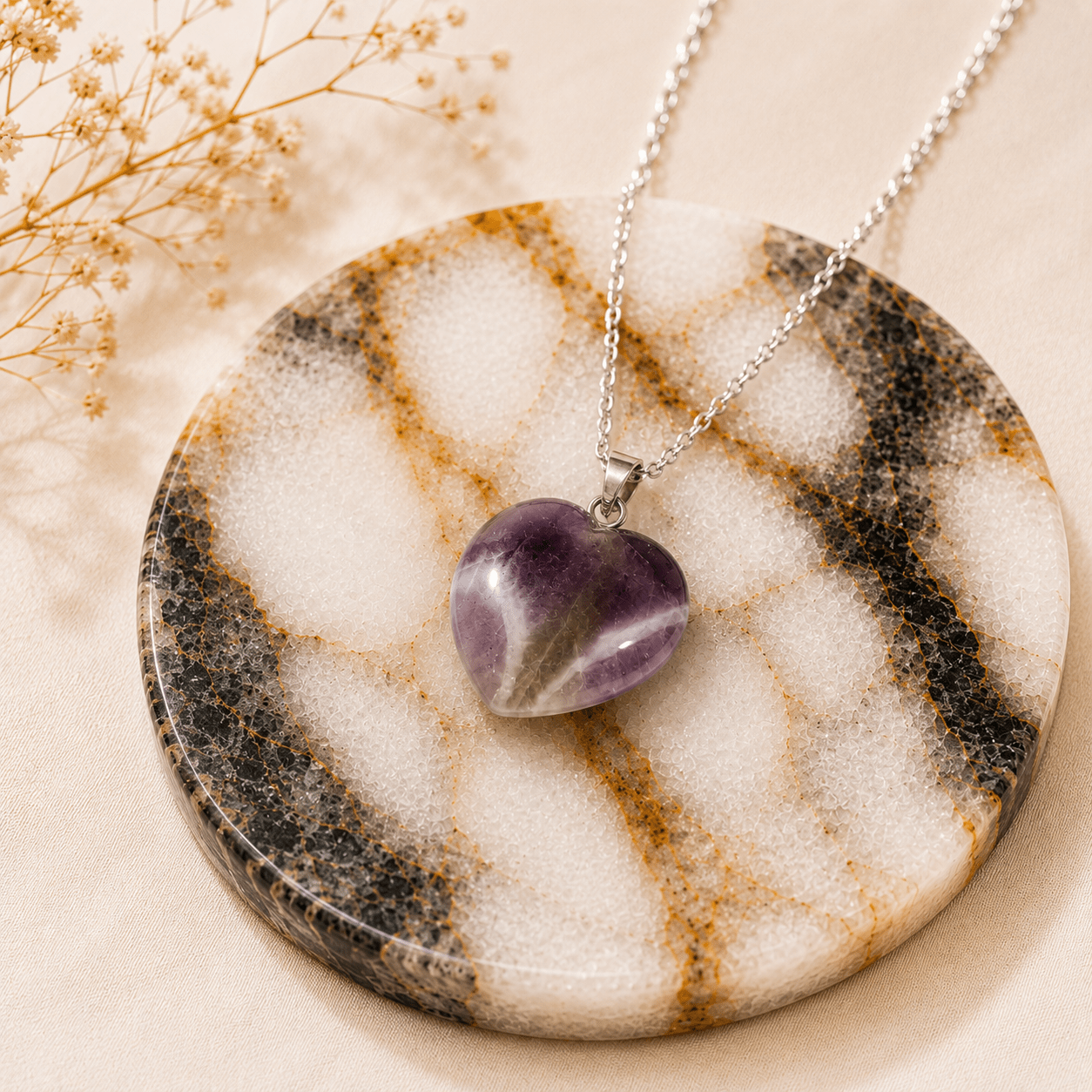 Natural Amethyst Heart Pendant – Handcrafted Silver Beaded Gemstone Pendant