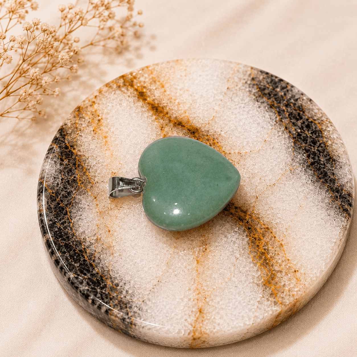 Natural Green Aventurine Heart Pendant – Handcrafted Silver Beaded Gemstone Pendant - Image 2