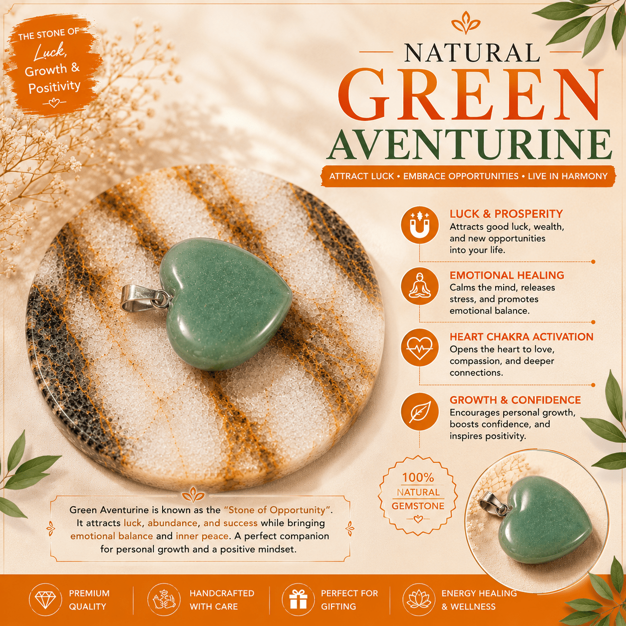 Natural Green Aventurine Heart Pendant – Handcrafted Silver Beaded Gemstone Pendant - Image 4