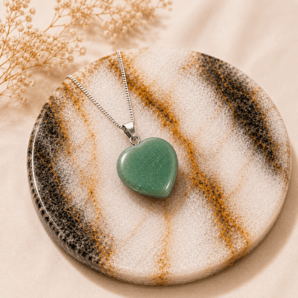 Natural Green Aventurine Heart Pendant – Handcrafted Silver Beaded Gemstone Pendant