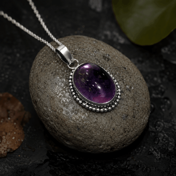 Natural Amethyst Oval Pendant – Handcrafted Silver Beaded Gemstone Pendant
