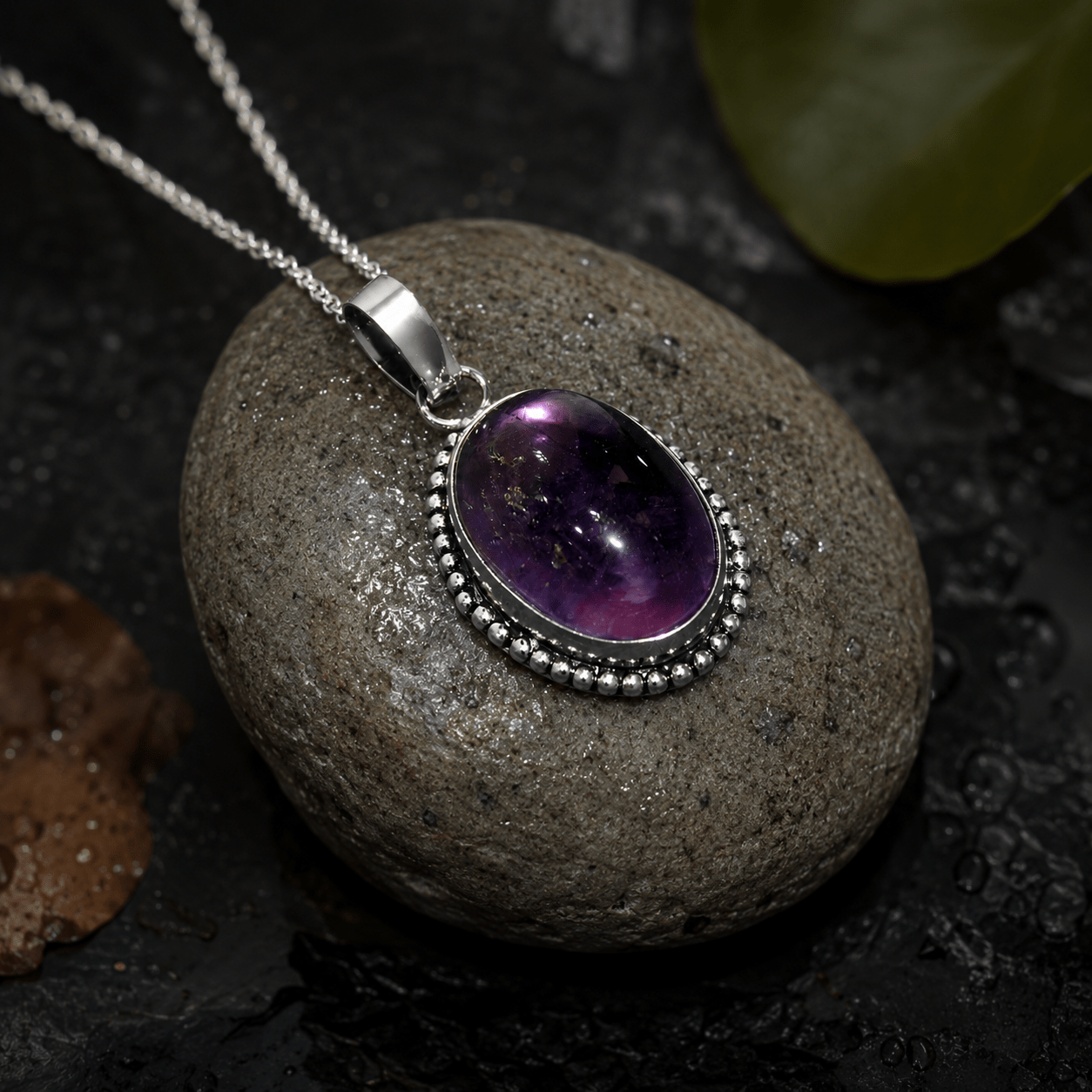 Natural Amethyst Oval Pendant – Handcrafted Silver Beaded Gemstone Pendant