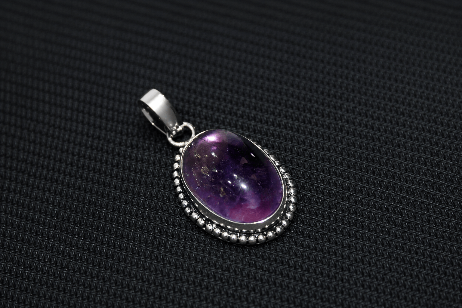 Natural Amethyst Oval Pendant – Handcrafted Silver Beaded Gemstone Pendant - Image 3