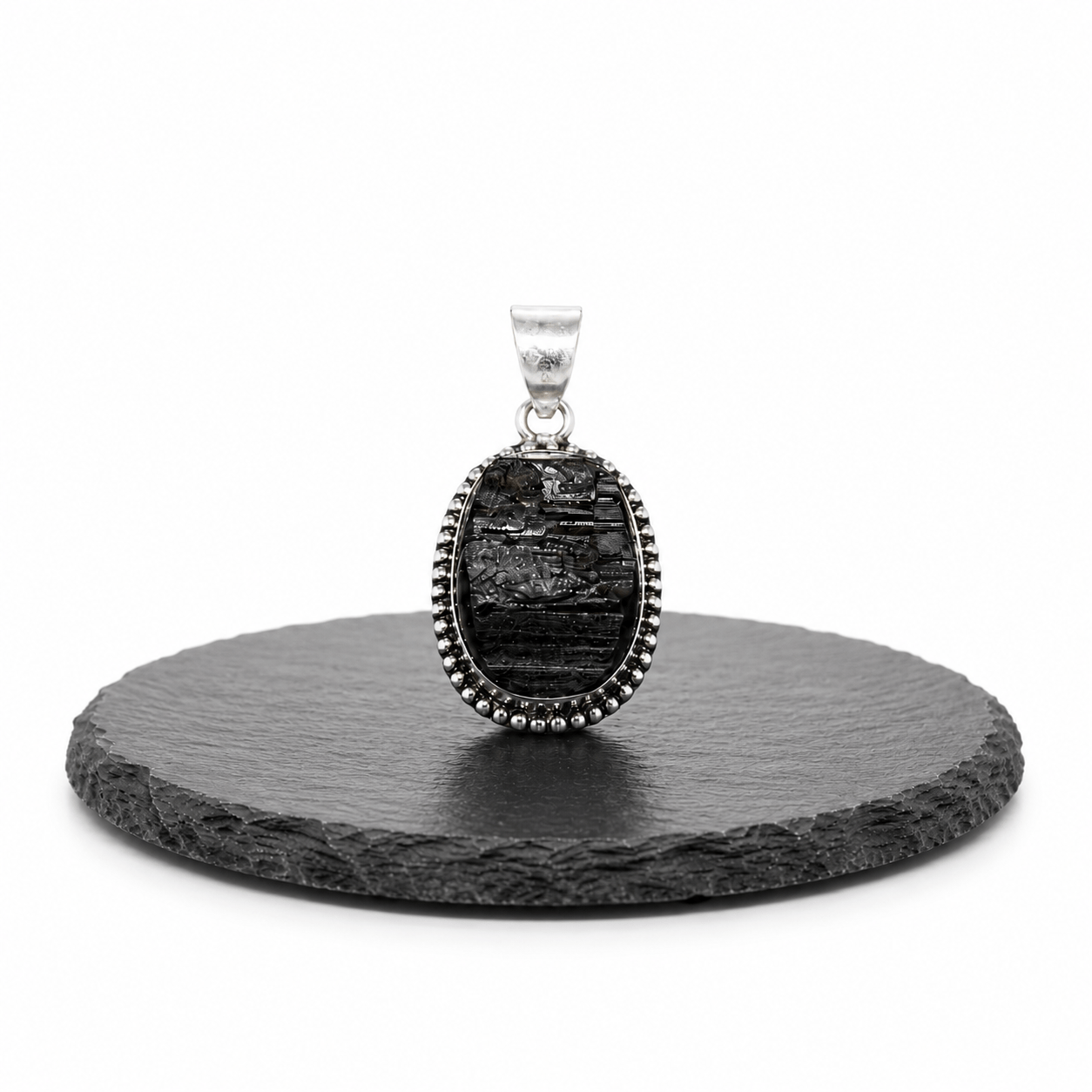 Natural Black Tourmaline Oval Pendant – Handcrafted Silver Beaded Gemstone Pendant - Image 5