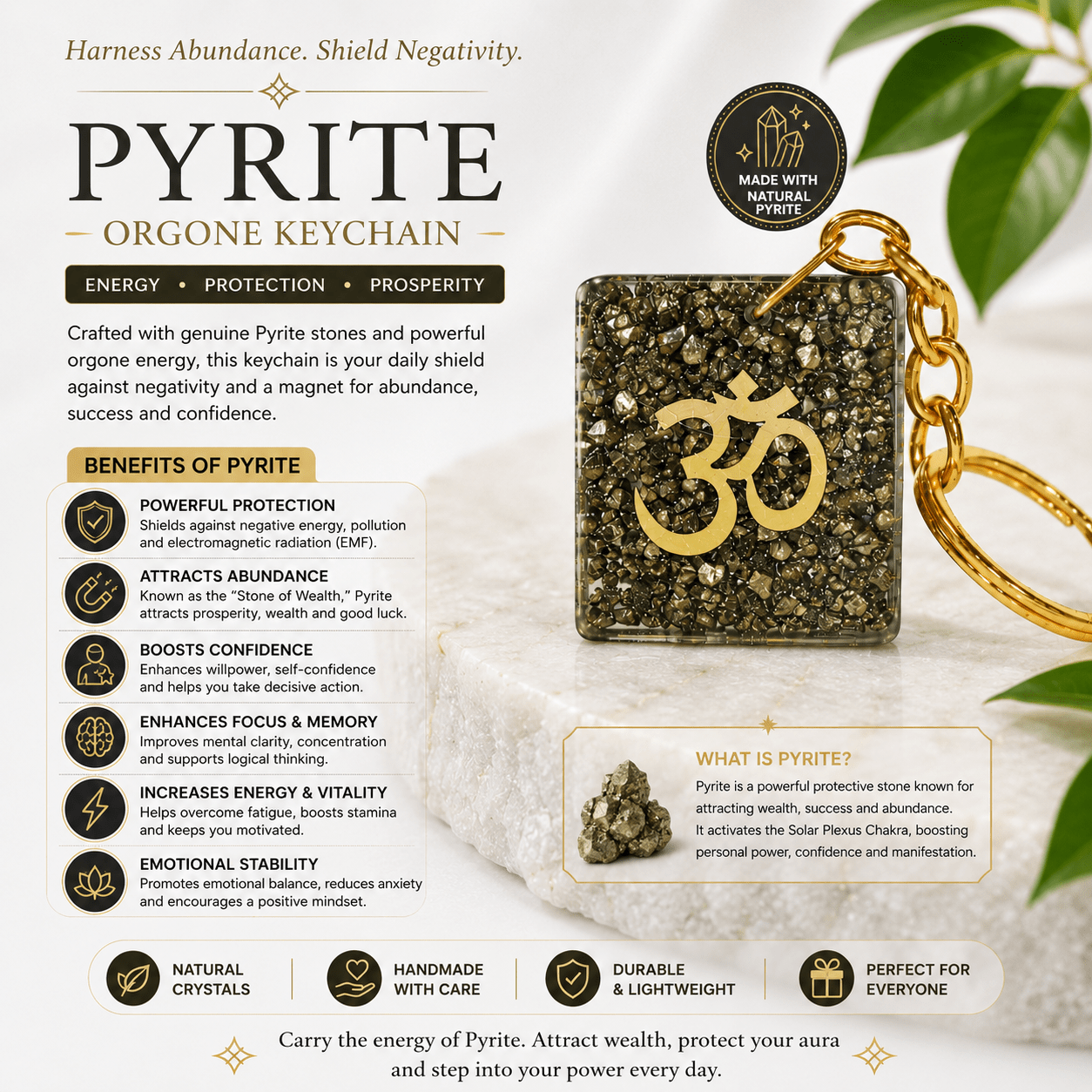 Pyrite Stone Om Keychain – Symbol of Abundance, Confidence & Positive Energy - Image 5