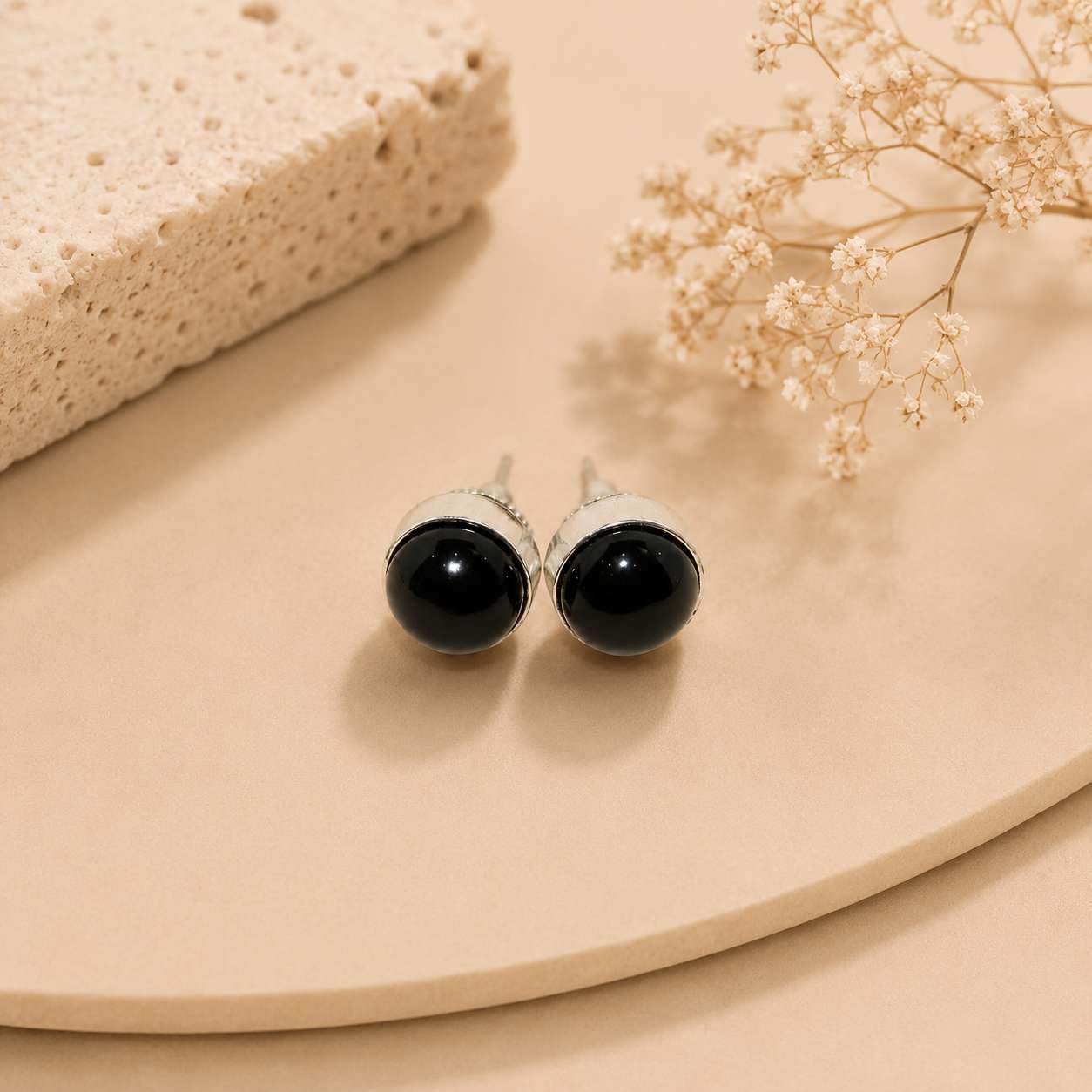 Natural Black Tourmaline Round Stud Earrings – Silver Bezel Gemstone Studs