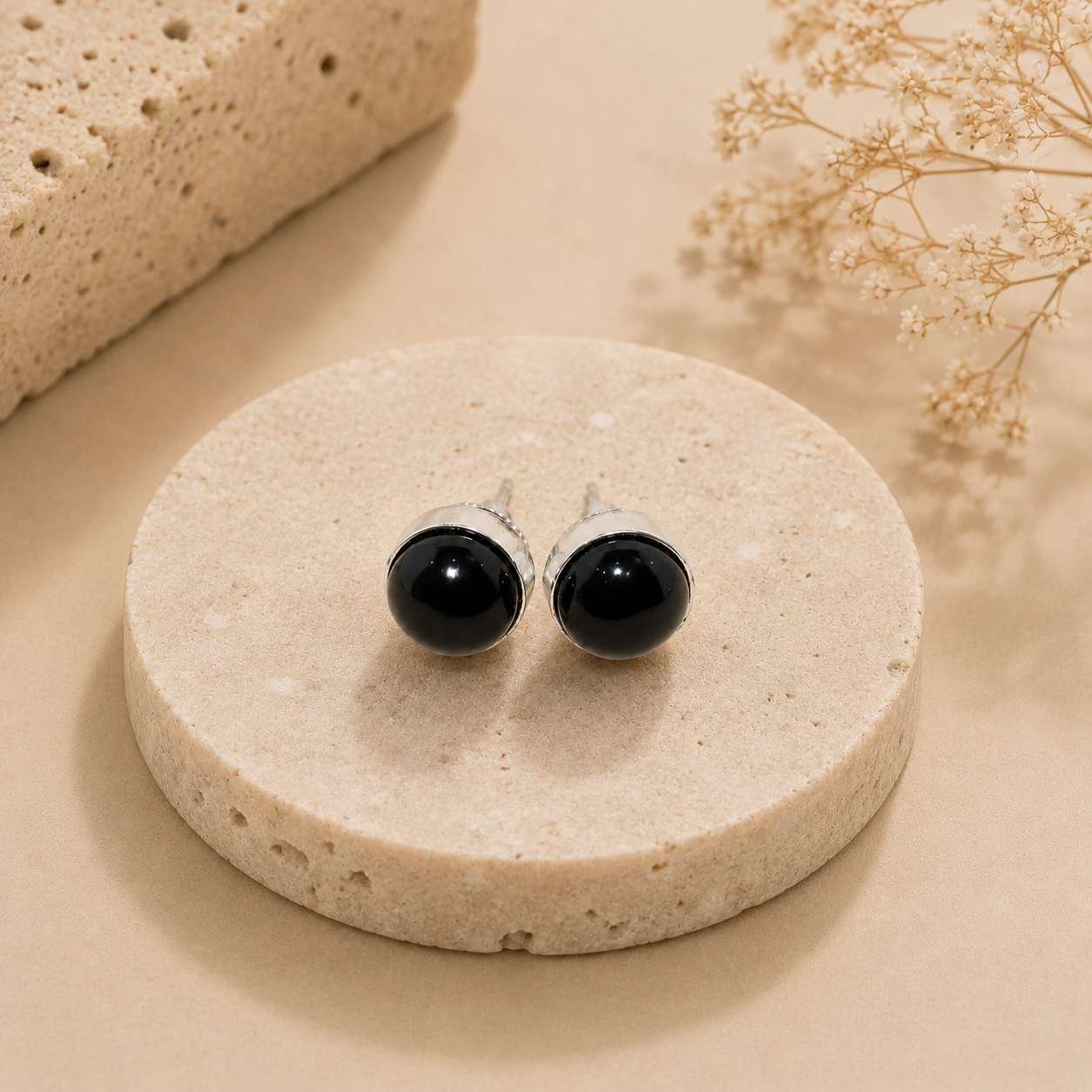 Natural Black Tourmaline Round Stud Earrings – Silver Bezel Gemstone Studs - Image 4