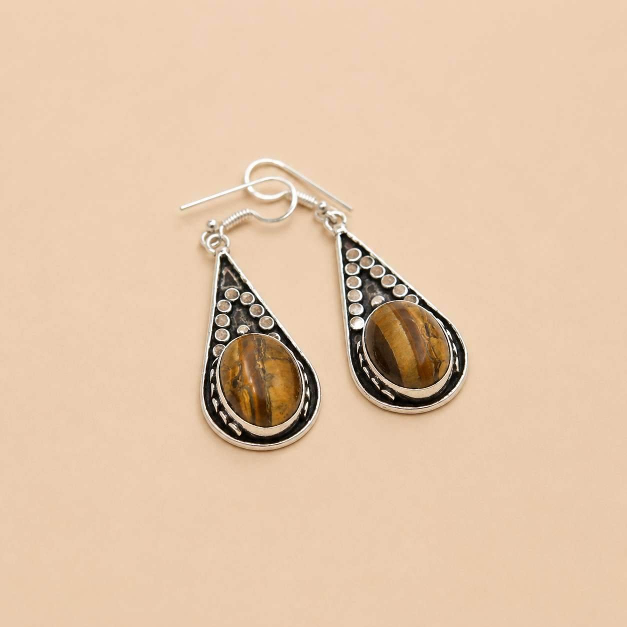Natural Tiger Eye Teardrop Dangle Earrings – Handcrafted Silver Tribal Drop Earrings - Image 2
