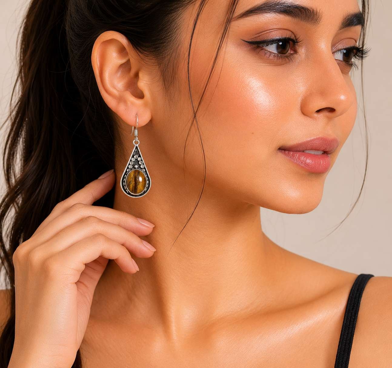 Natural Tiger Eye Teardrop Dangle Earrings – Handcrafted Silver Tribal Drop Earrings - Image 3