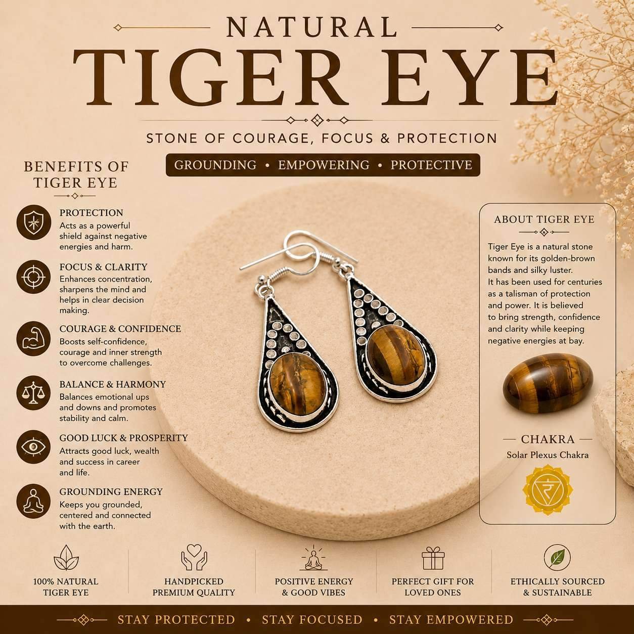 Natural Tiger Eye Teardrop Dangle Earrings – Handcrafted Silver Tribal Drop Earrings - Image 4