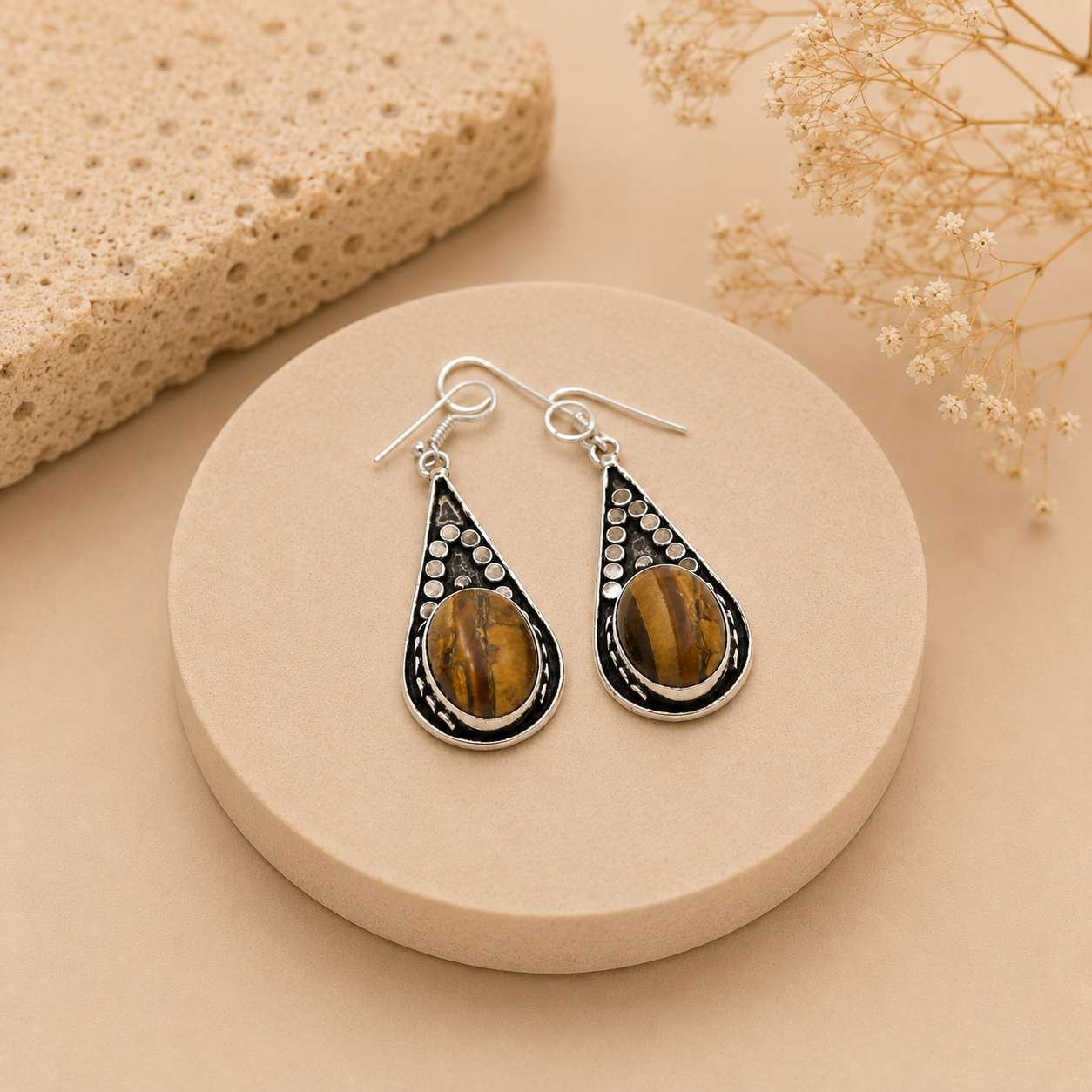 Natural Tiger Eye Teardrop Dangle Earrings – Handcrafted Silver Tribal Drop Earrings