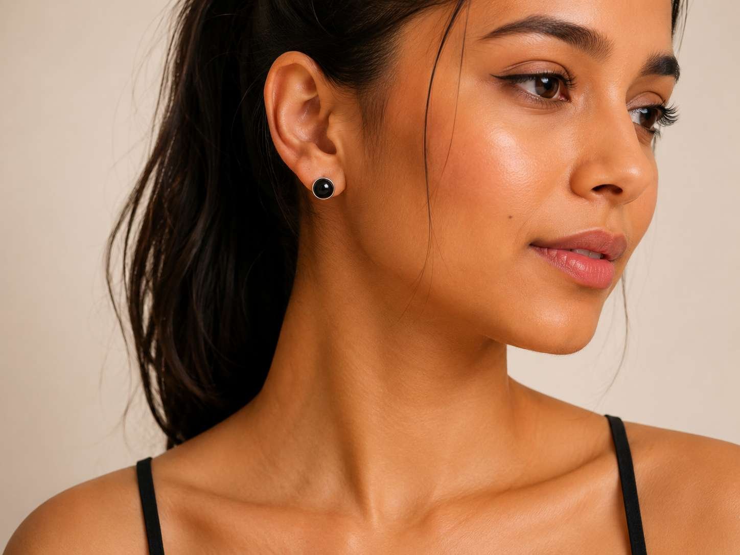 Natural Black Tourmaline Round Stud Earrings – Silver Bezel Gemstone Studs - Image 5