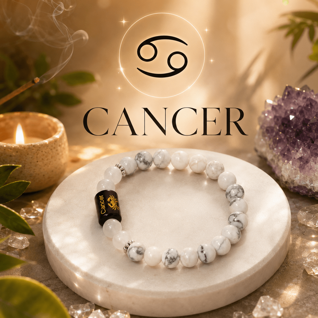 Cancer Zodiac Bracelet – White Howlite & Moonstone