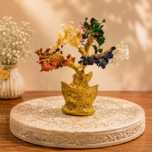 Seven Chakra Gemstone Tree with Golden Base – Balance, Positivity & Spiritual Harmony