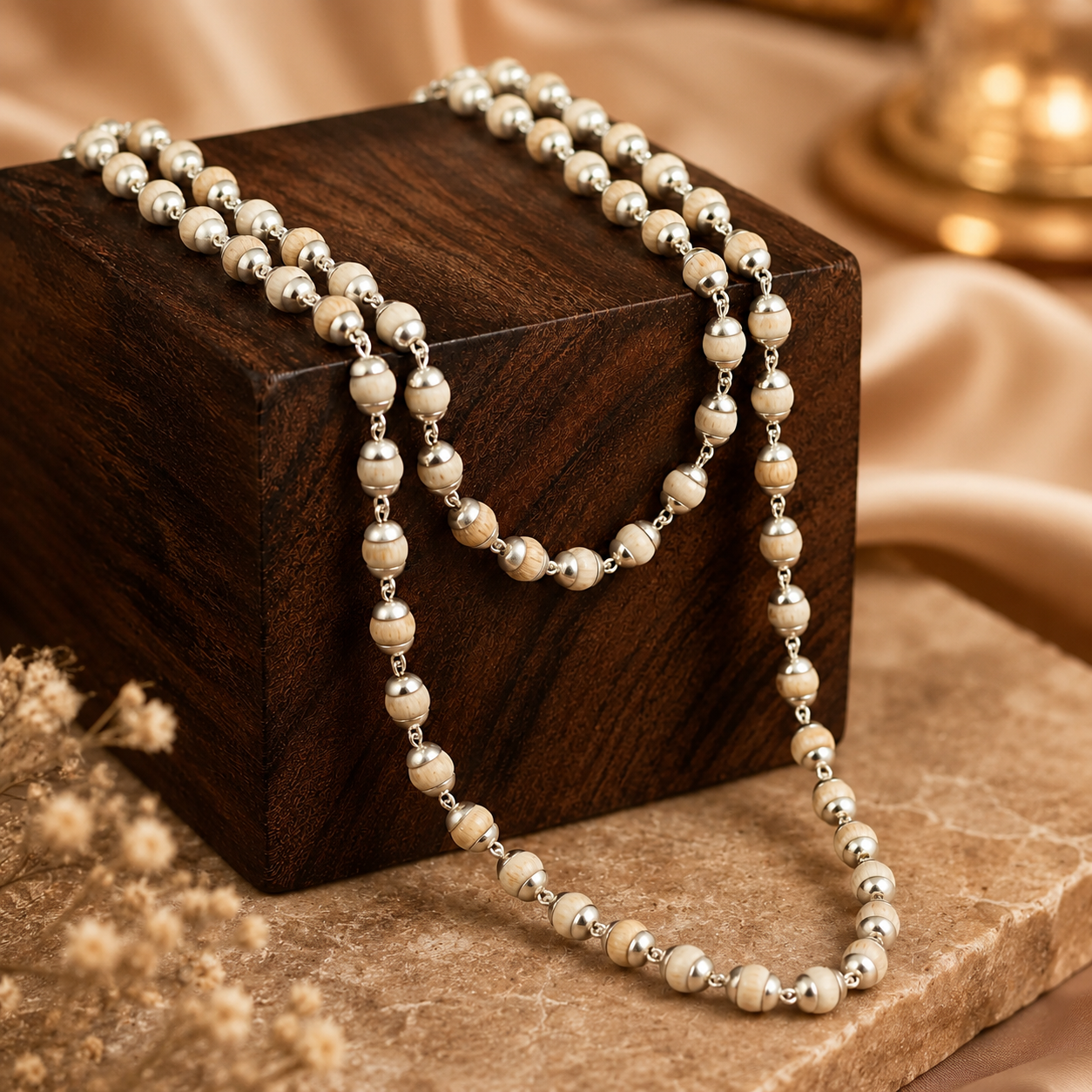 German Silver Capped Tulsi Mala: Divine Sacred Purity Wrapped in Timeless Elegance