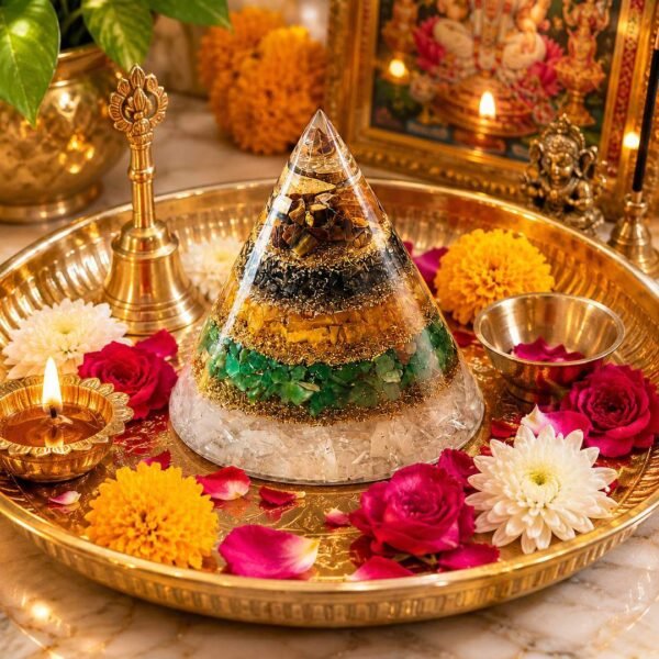 Conical Dhan Yog Crystal Pyramid with Selenite Base – Attract Wealth, Abundance & Divine Energy