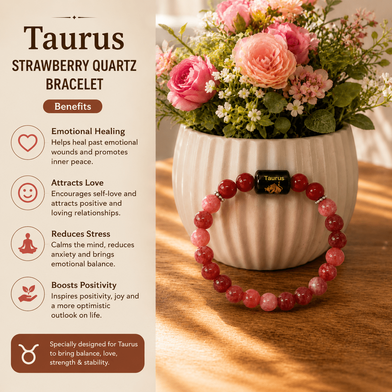 Taurus Zodiac Bracelet – Carnelian & Strawberry Quartz - Image 5