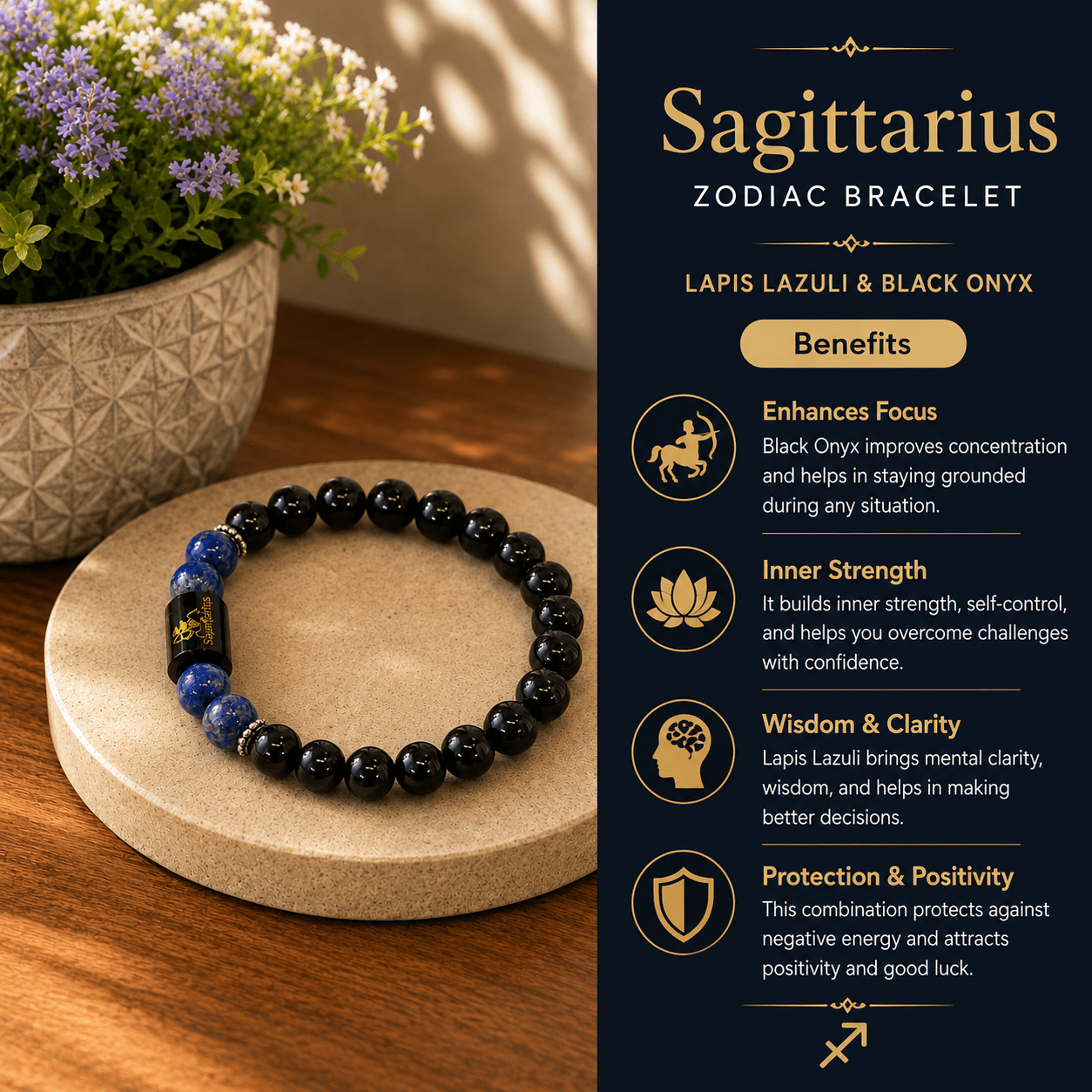 Sagittarius Zodiac Bracelet – Black Onyx & Lapis Lazuli - Image 3