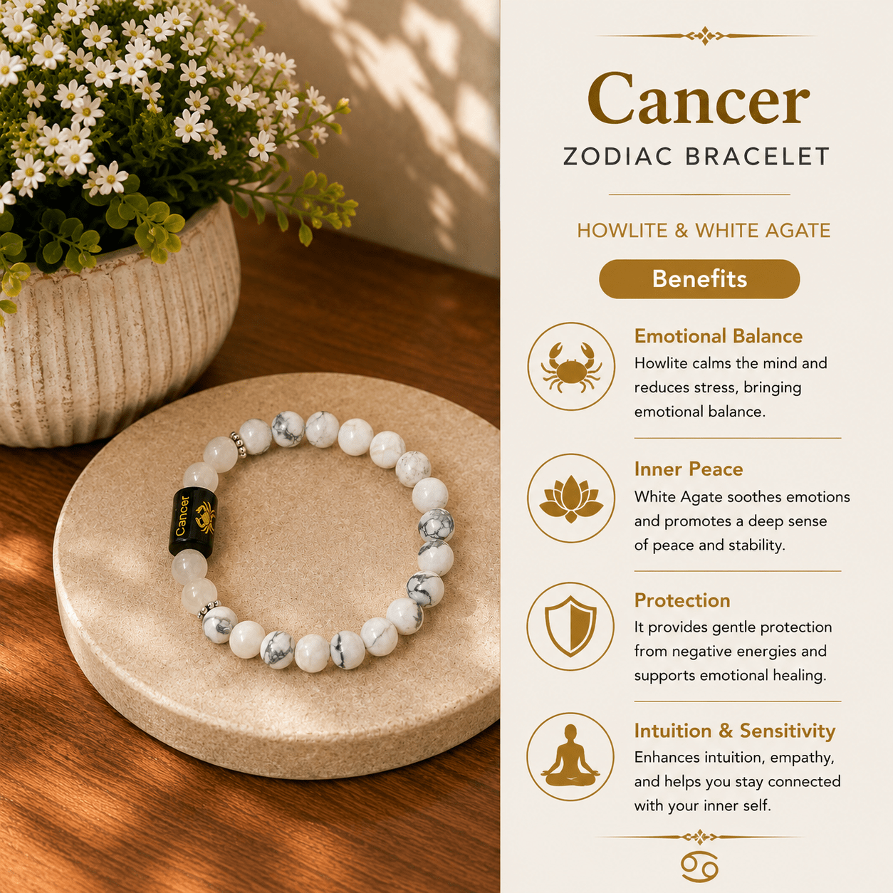 Cancer Zodiac Bracelet – White Howlite & Moonstone - Image 4