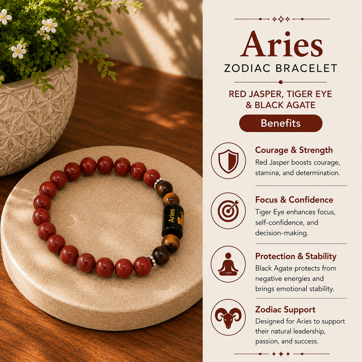 Aries Zodiac Energy Bracelet – Red Jasper & Tiger Eye - Image 2