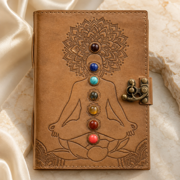 A Timeless Spiritual Companion – Handcrafted Leather Journal with 7 Healing Stones